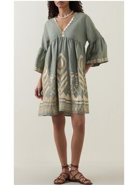 Greek Archaic Kori Feather Embroidered Linen Mini Dress medium